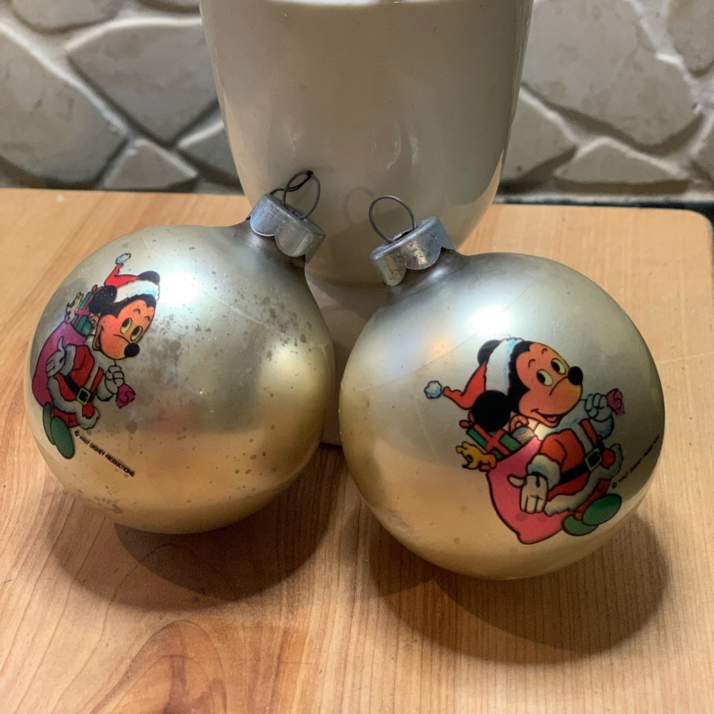 DISNEY | Set of 2 | Vintage Silver Mickey Mouse Glass Ornaments.